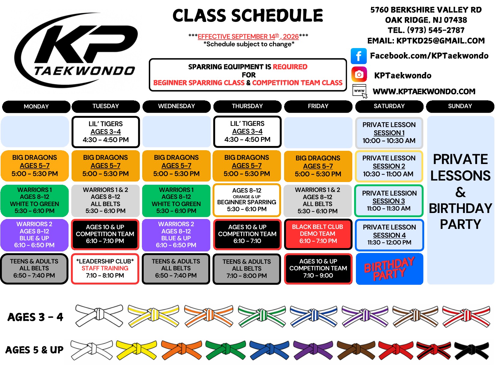 KP Taekwondo Class Schedule
