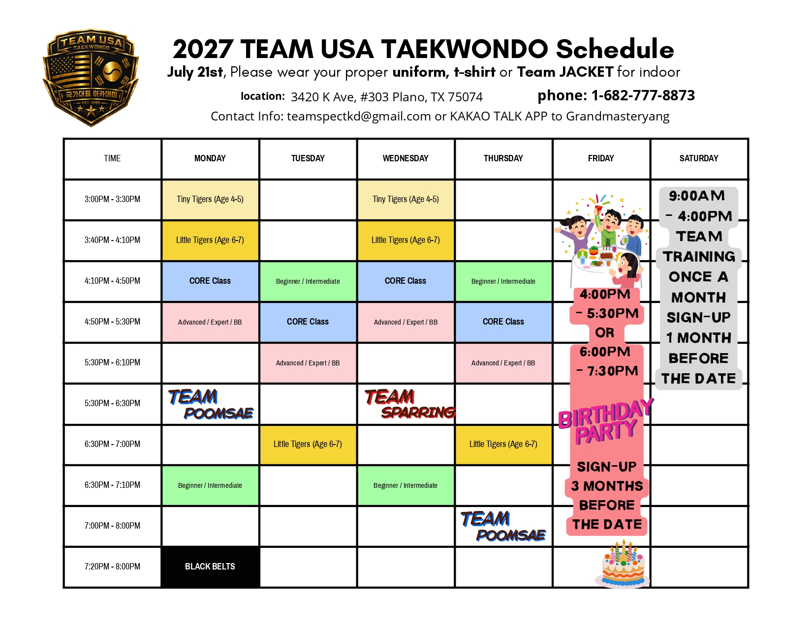 TEAM USA TAEKWONDO Class Schedule