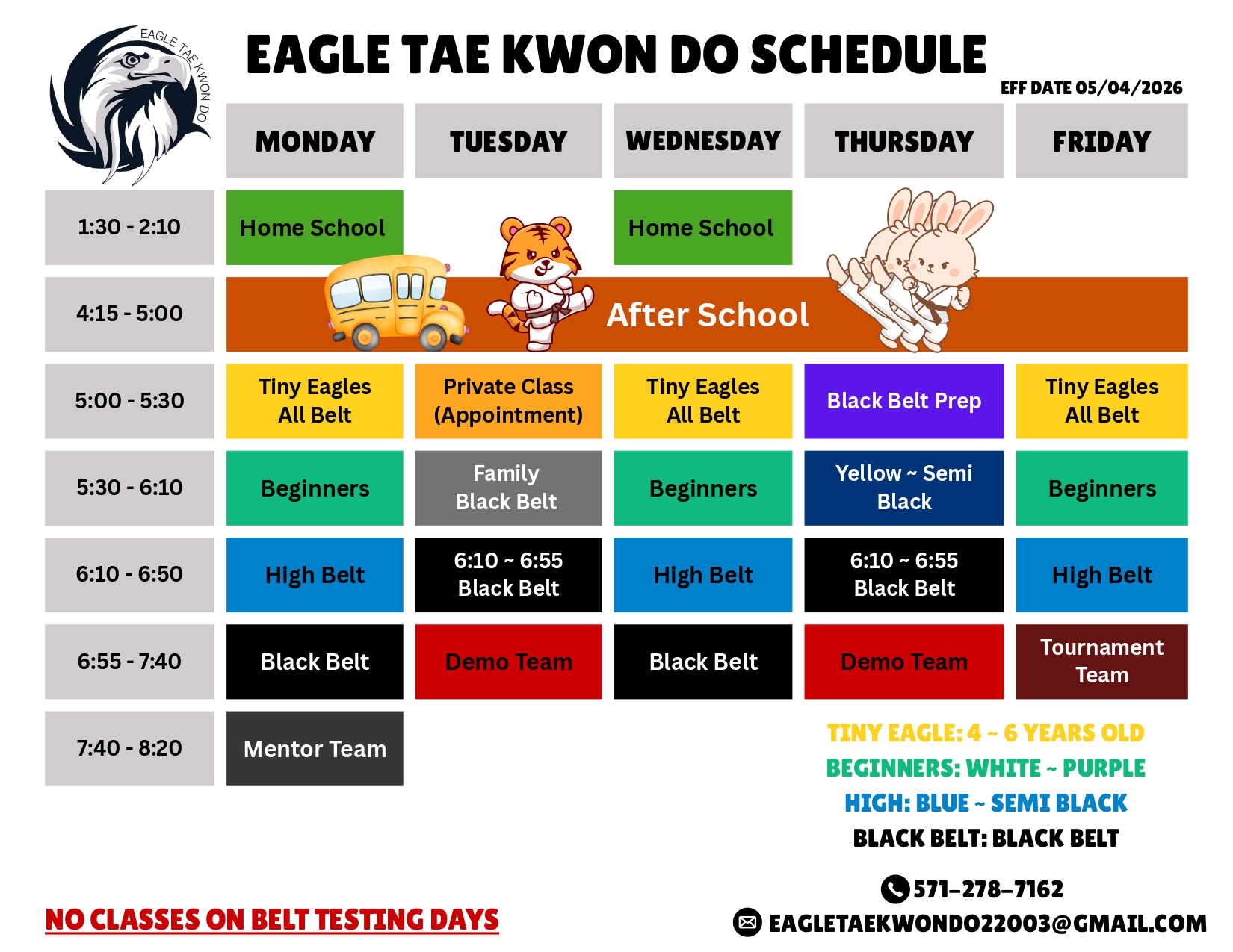 Eagle Tae Kwon Do Class Schedule