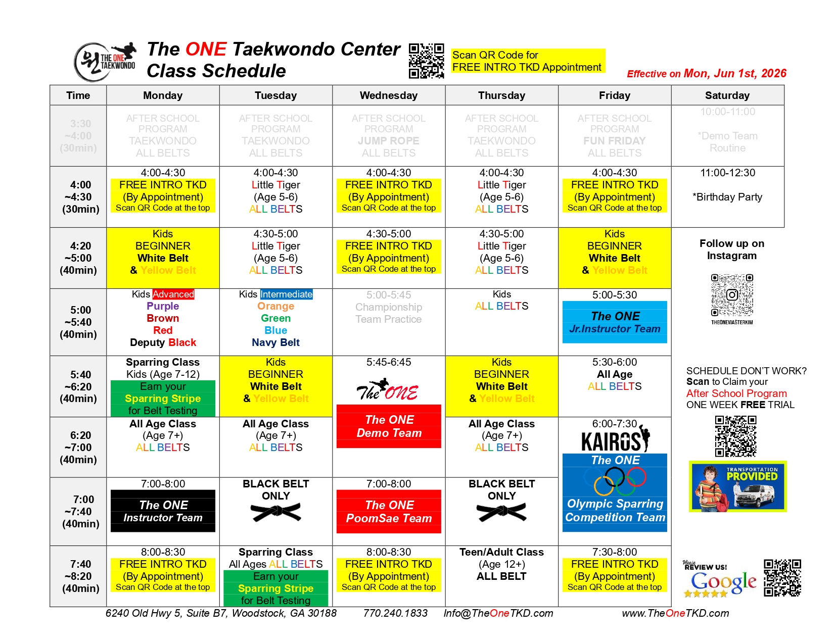 The One Taekwondo Center Class Schedule