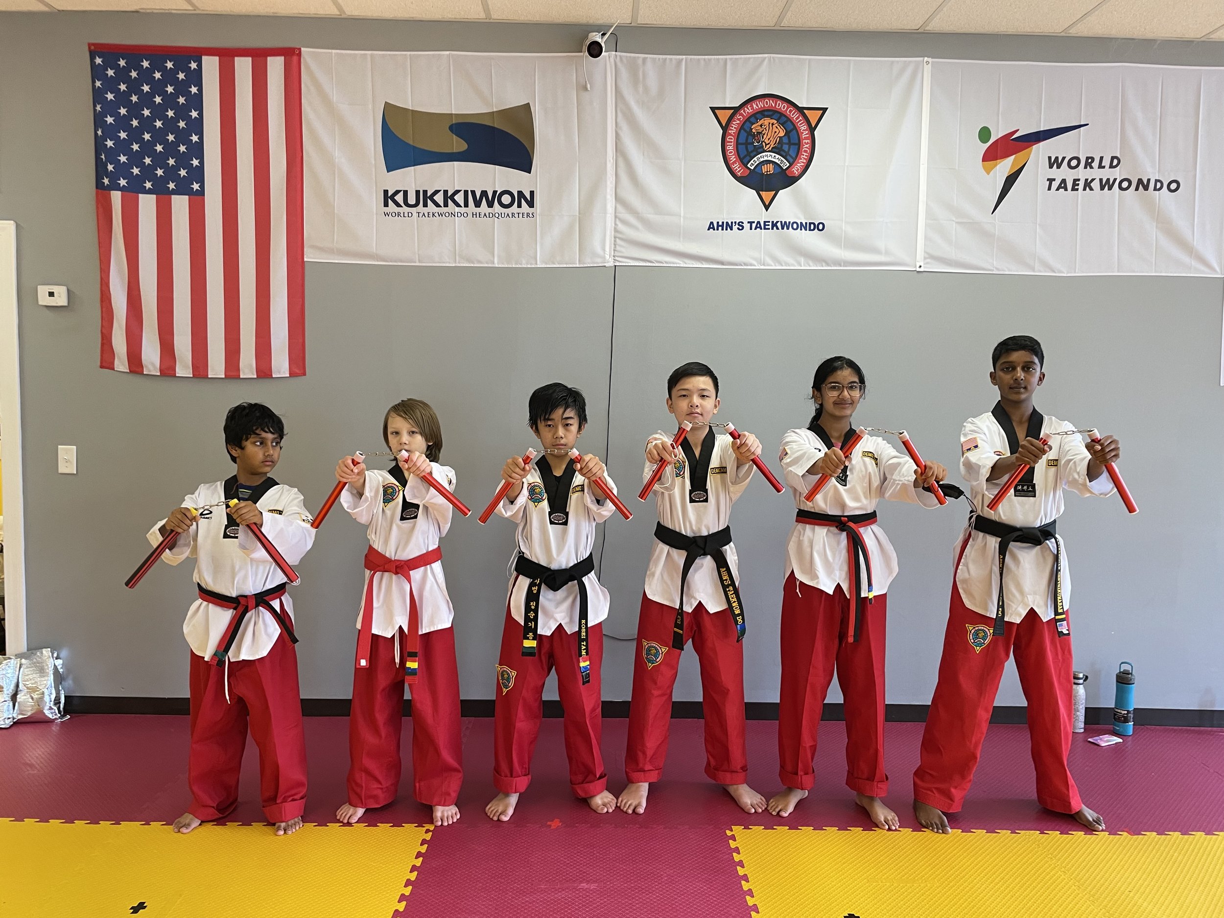 Students in formation under the Kukkiwon and World Taekwondo banners at Ahn's Taekwondo