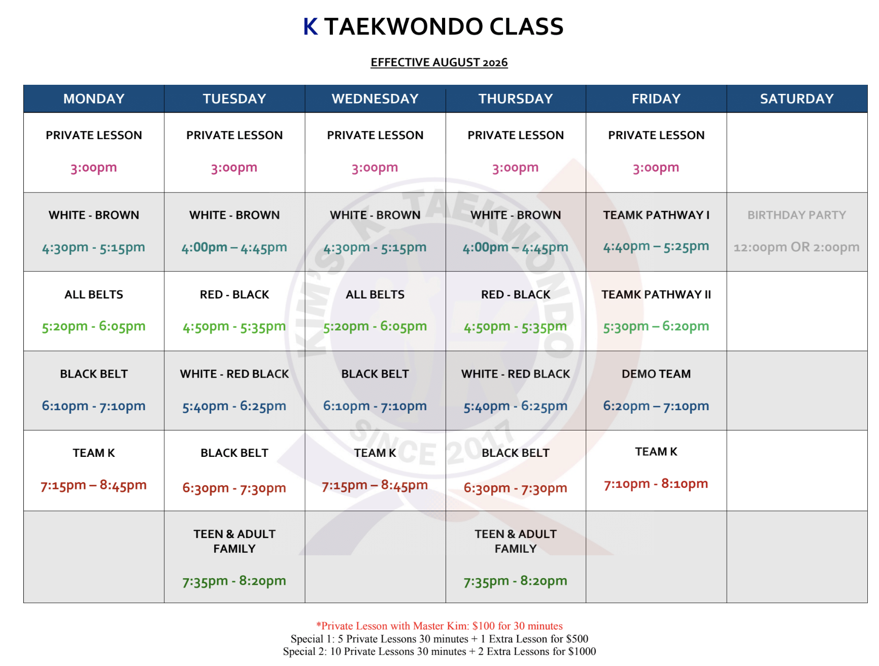 Kim's K Taekwondo Class Schedule
