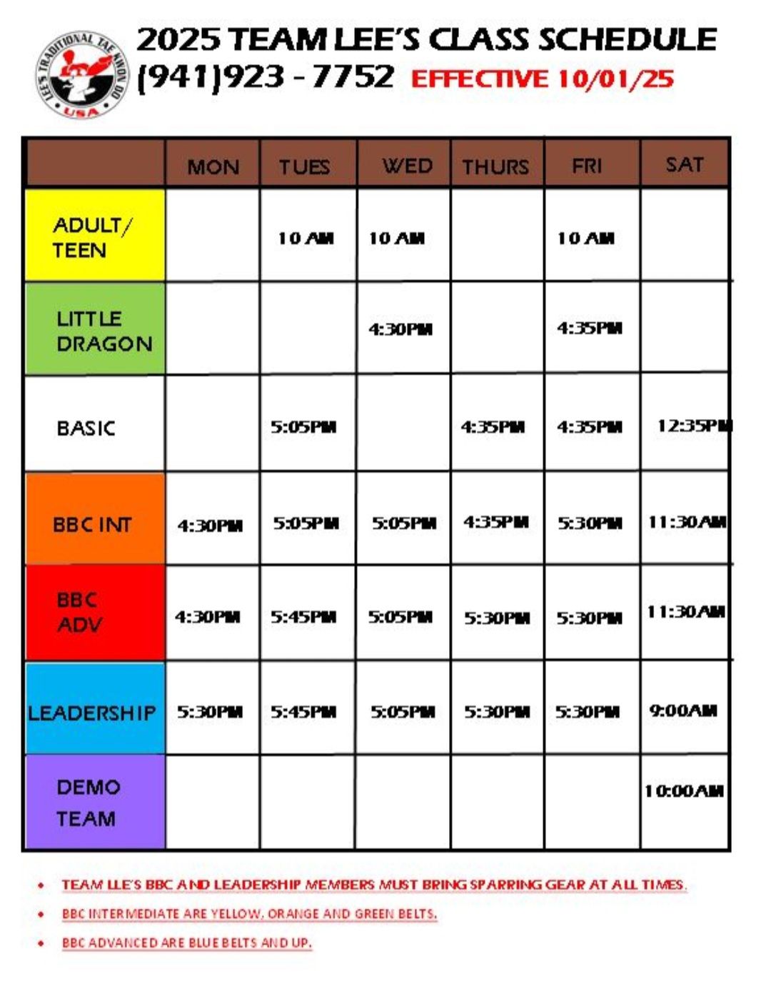 Team Lee's Tae Kwon Do Class Schedule
