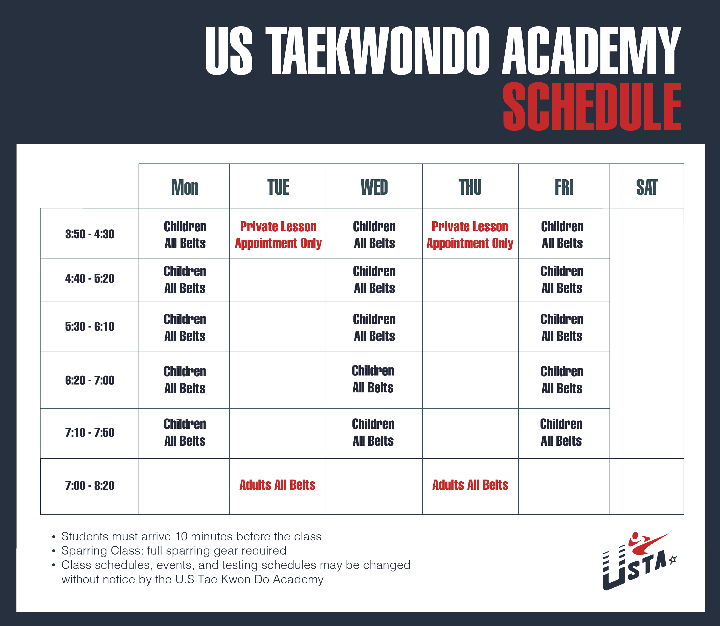 U.S. Tae Kwon Do Academy Class Schedule