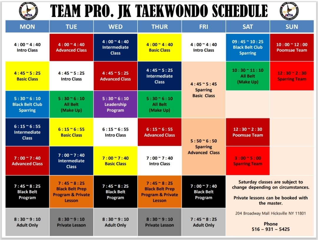 JK Taekwondo Class Schedule