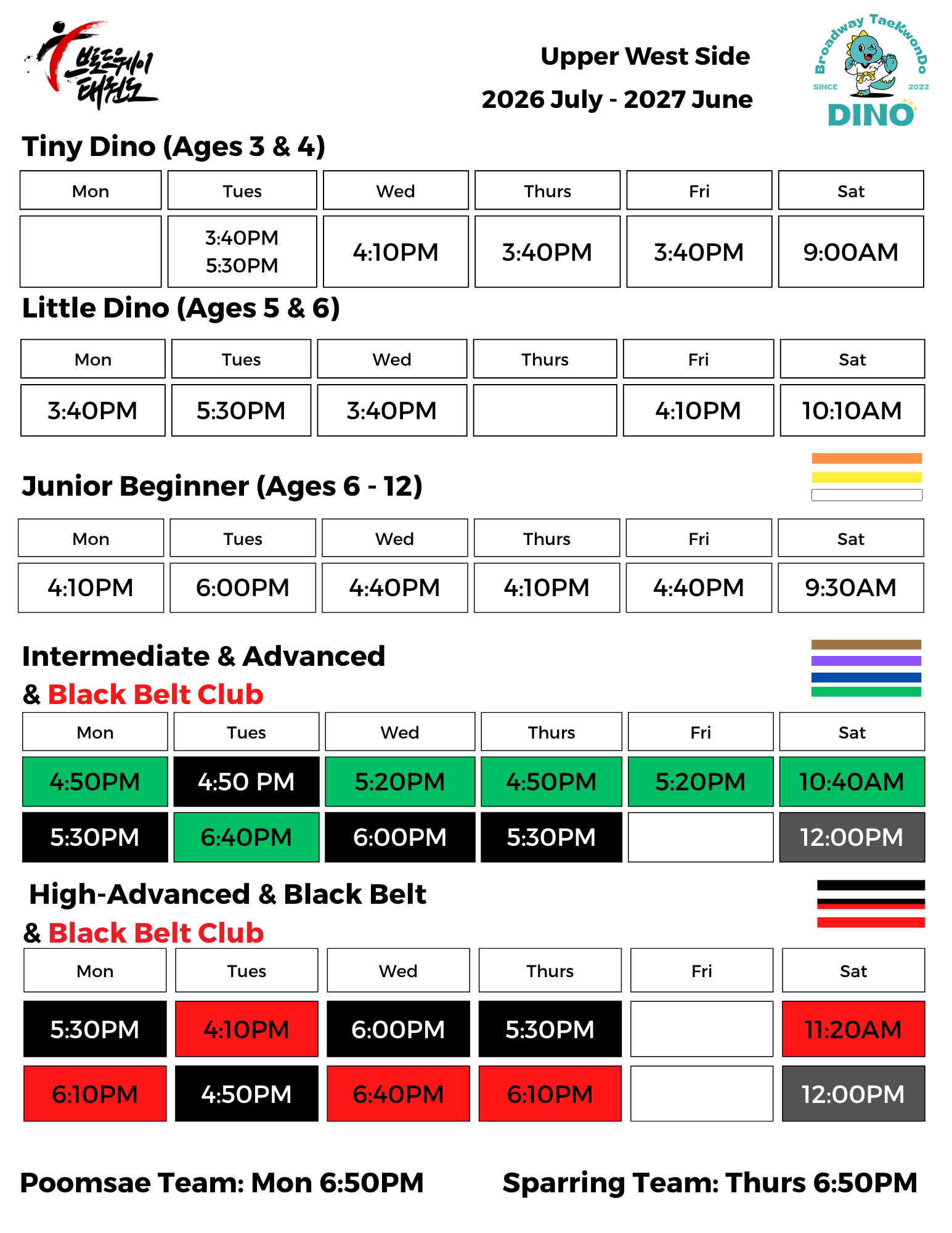 Upper West Side Class Schedule