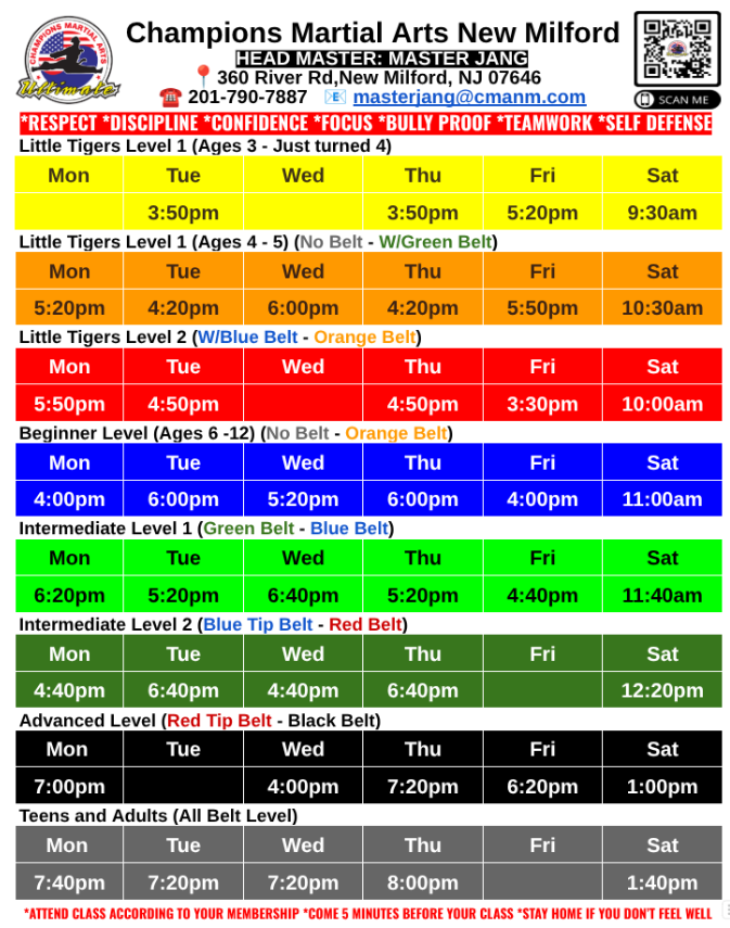 Champions Martial Arts New Milford Class Schedule