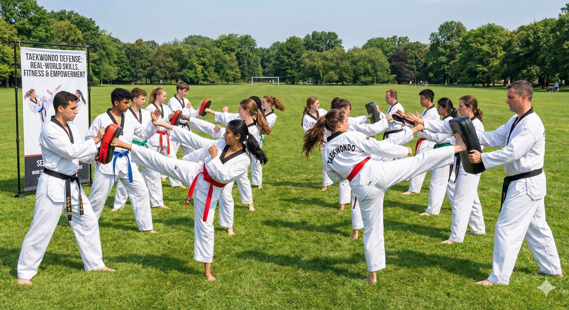 Kids practicing Taekwondo kicks at camp
